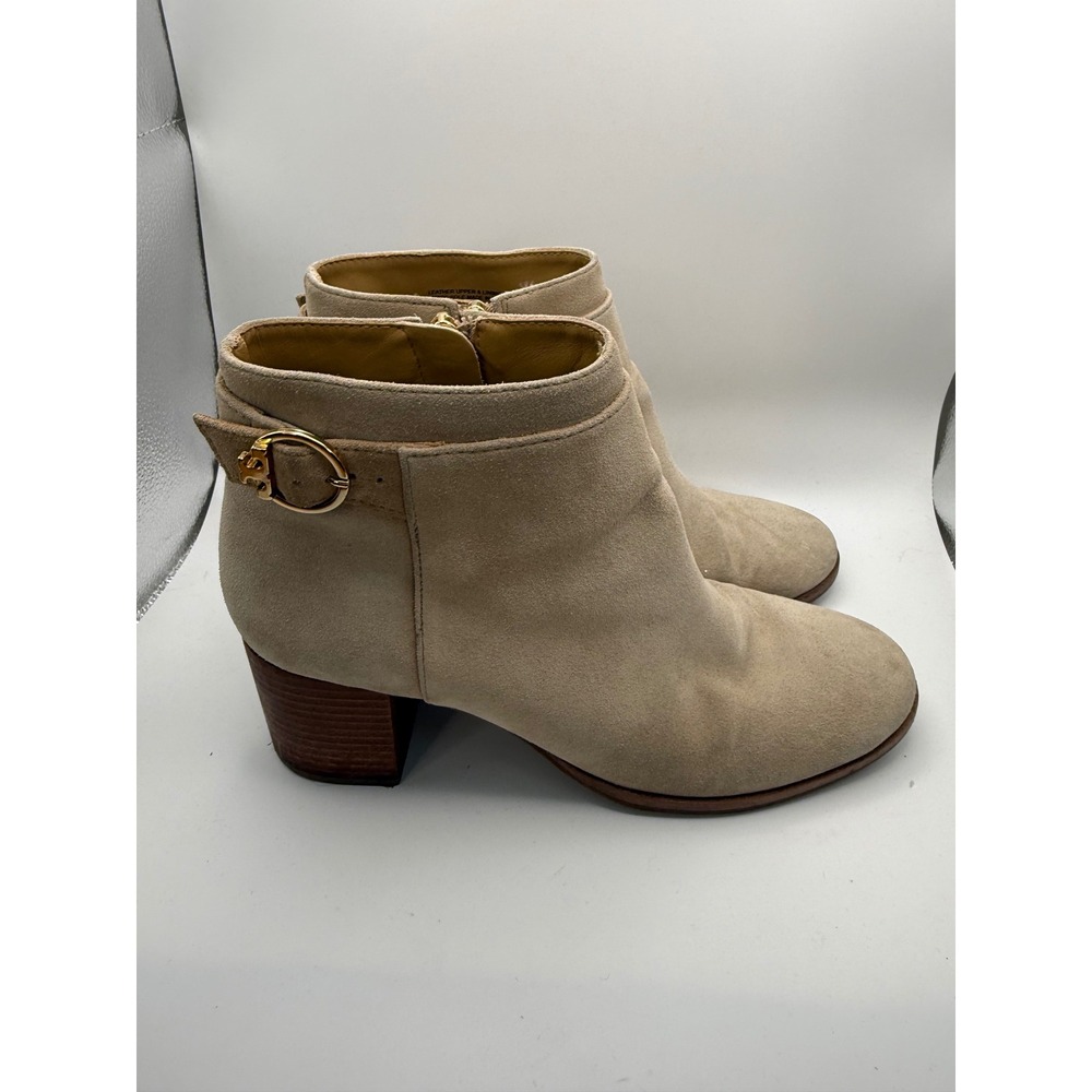 Tory Burch Suede Ankle Boots Womens 8M Tan Gold Logo Buckle Block Heel Side Zip